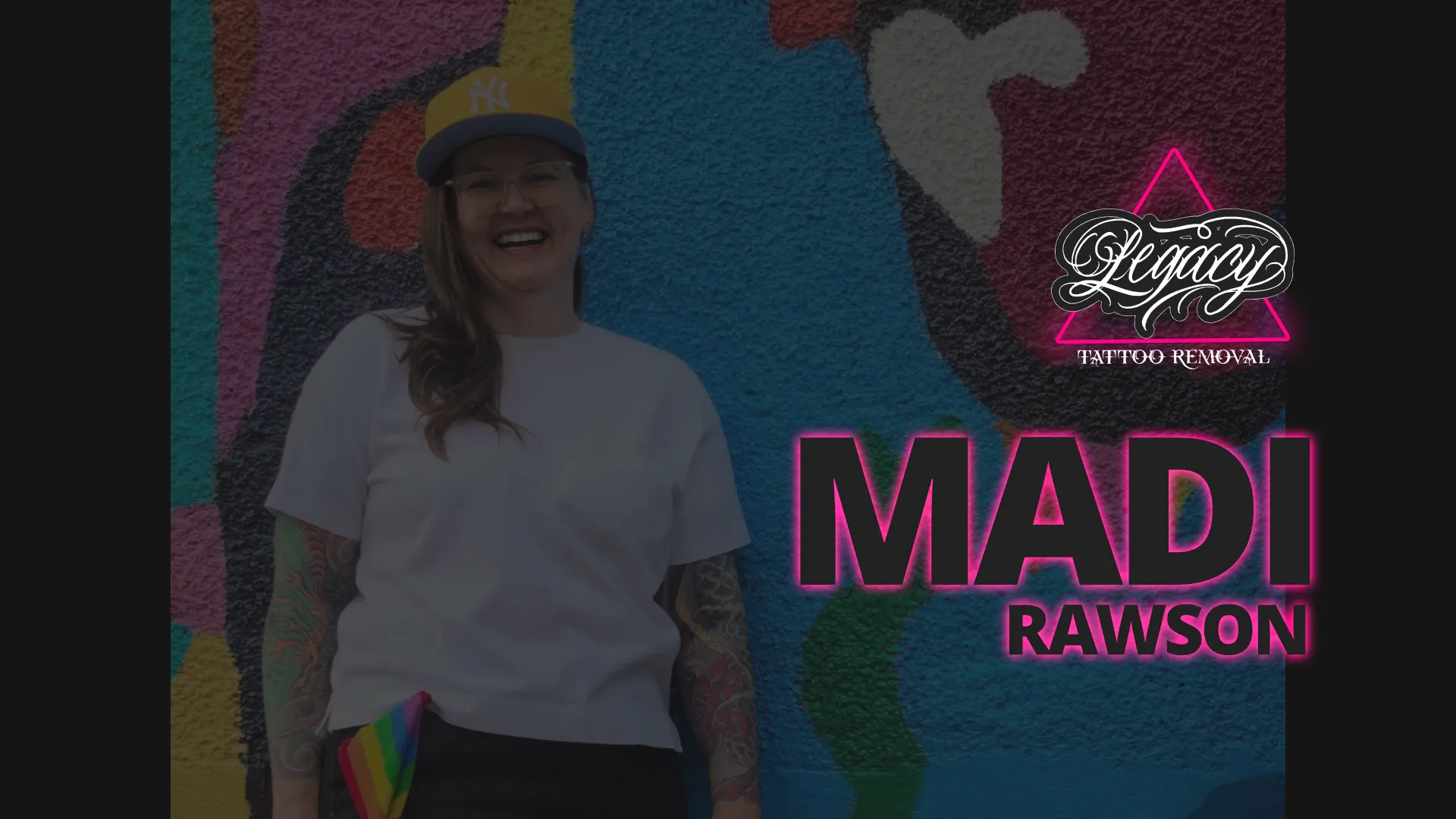 A photo of Madi Rawson overlaid with our stylized logo by Edmonton tattoo artist Dave Huns, along with the text "Madi Rawson" in capital letters.